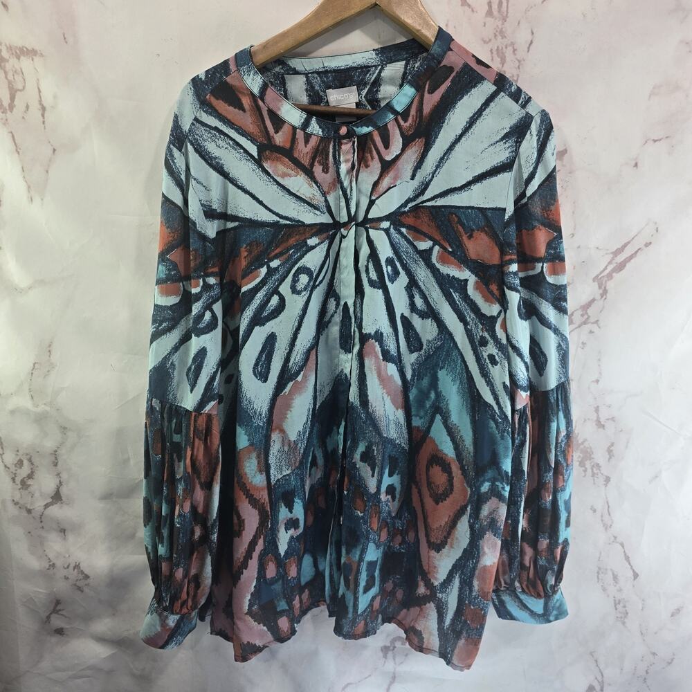 Chicos Shirt Women XL 3 Blue Button Up Long Sleeve Butterfly Moth Stained Glass